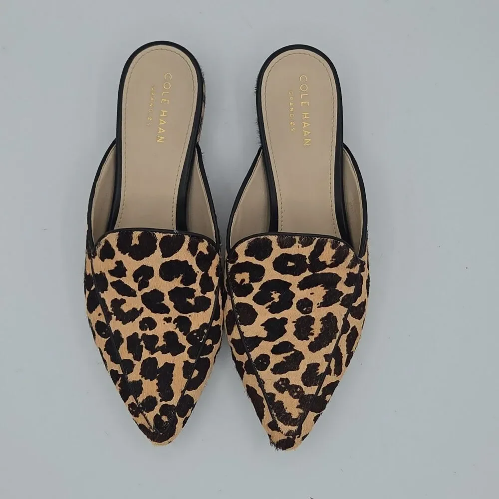 Cole Haan Piper Ocelot Leopard Calf Hair Loafer Mules Pointed Toe Slides Sz 6